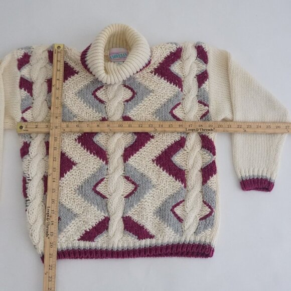 Vintage Clovelly Cream w Maroon Geometric Shape Cable Knit Turtleneck Sweater M - Picture 4 of 10